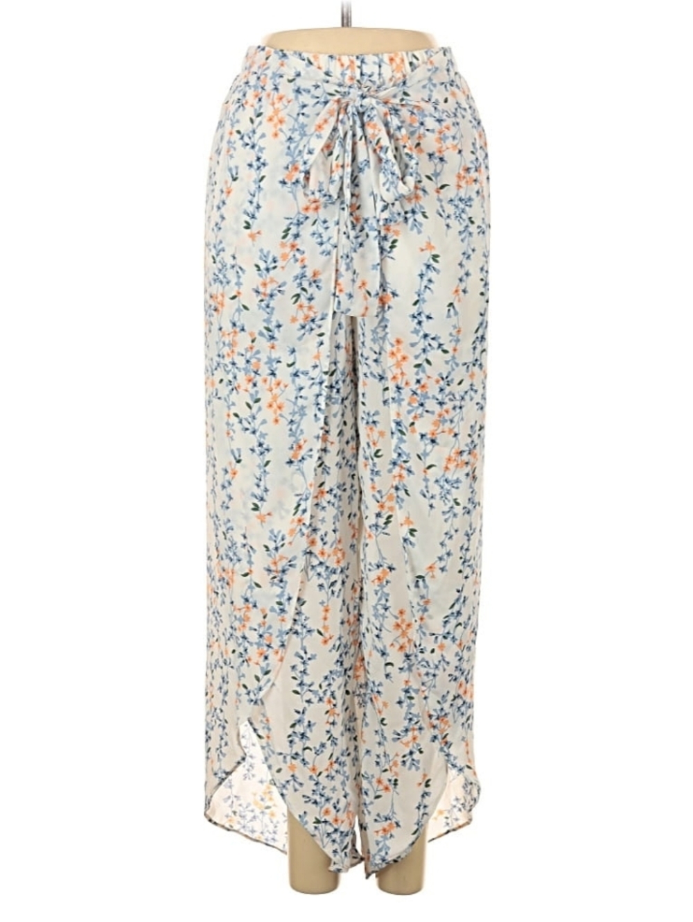Floral Tie-Front Wide Leg Pants in Cream and Coral